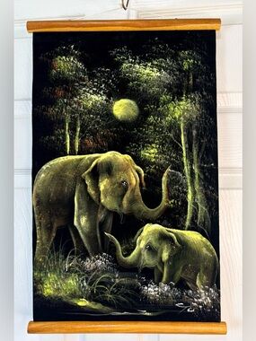 70s Japanese Scroll Velvet SPARKLY Elephants Wall Art Decor Hand Painted 14x22